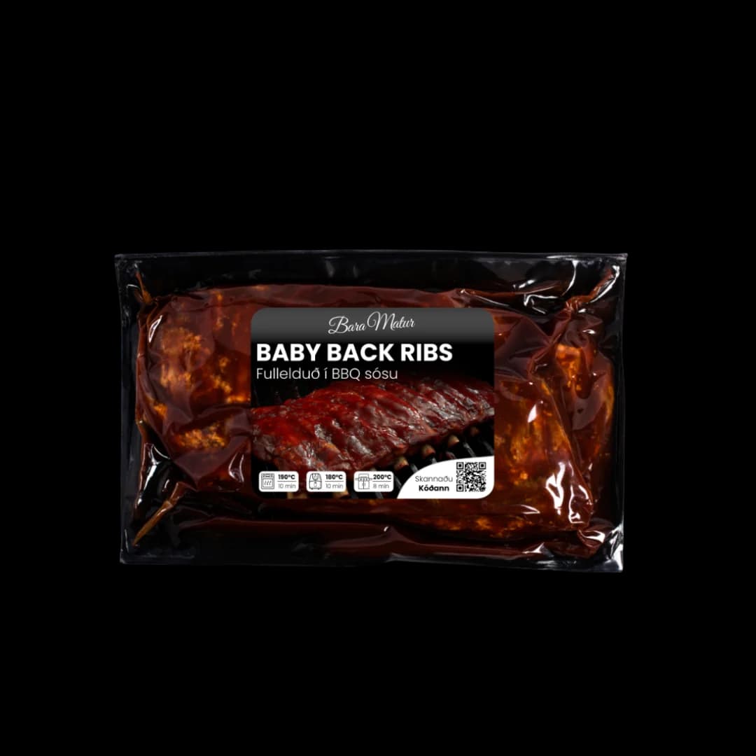 Fulleldaðir baby back ribs í BBQ-sósu frá BaraMatur í svörtum vacumpoka.