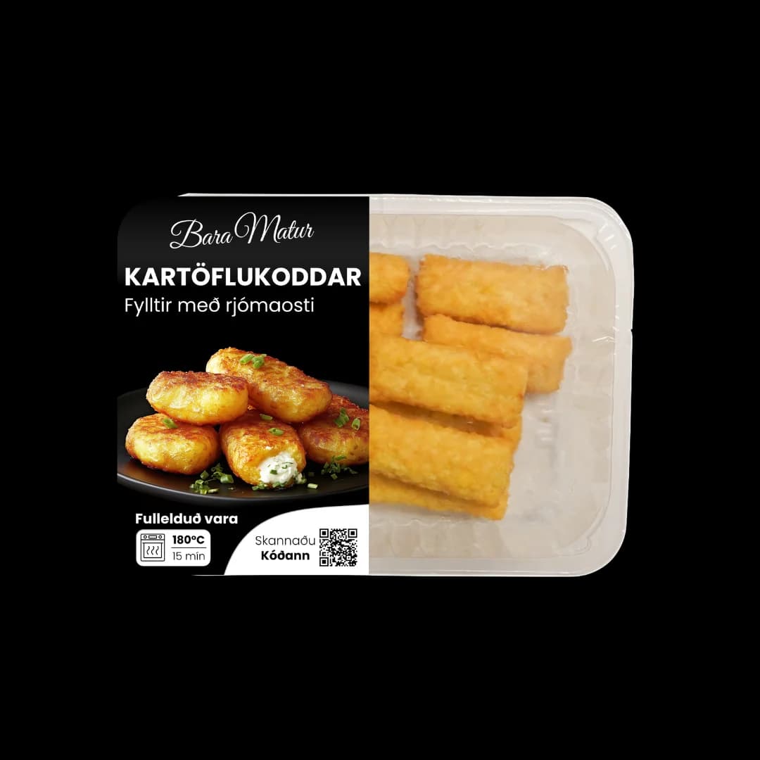 Kartöflukoddar fylltir með rjómaosti frá BaraMatur í hvítum bakka með prentaðri lokfilmu.