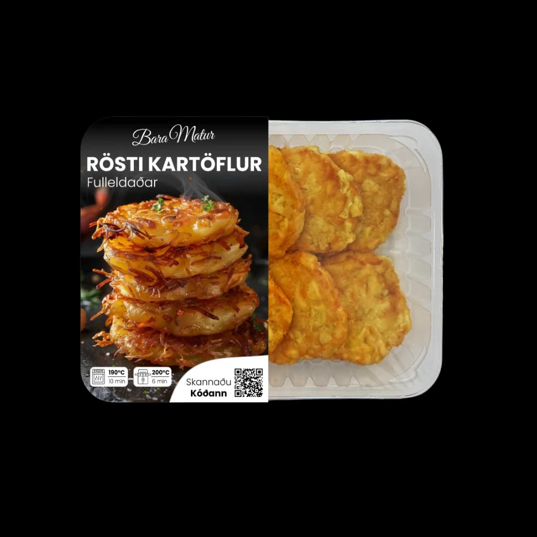 Fulleldaðar röstikartöflur frá BaraMatur í bakka með glærri yfirfilmu og QR-kóða.