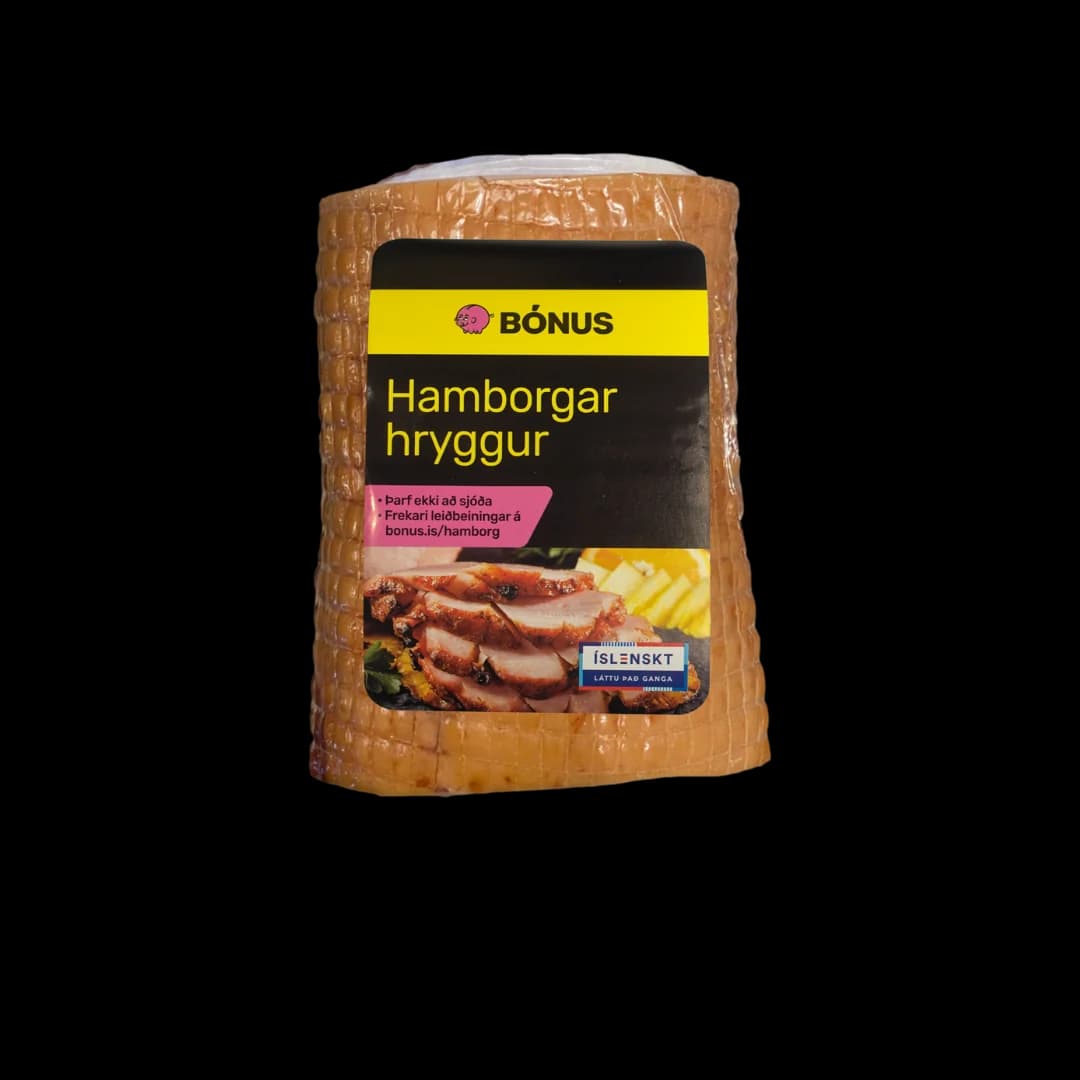 Hamborgarhryggur Bónus í neti og loftþéttum poka með prentuðum límmiða.
