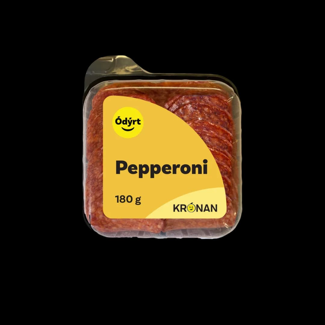Pepperoni í Ódýrt-línu Krónunnar í bakka með sérprentaðri gulri yfirfilmu.