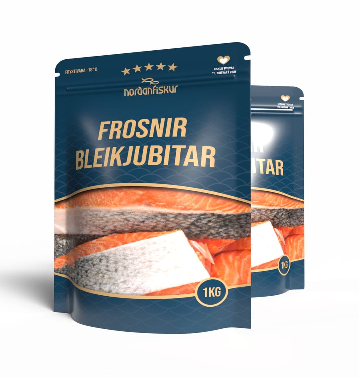 Standpokalína Norðanfisks fyrir frosna bleikjubita í tveimur stærðum með samræmdu útliti.