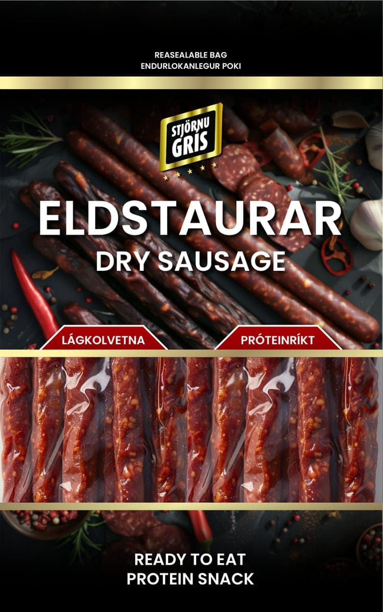 Prentaður endurlokanlegur zip-poki utan um Eldstaura, þurrkaðar pylsur frá Stjörnugrís.