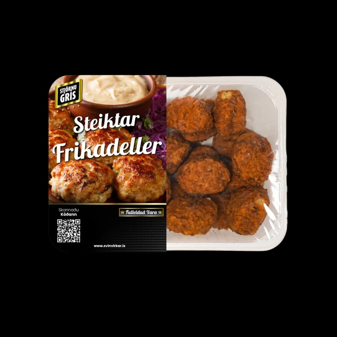 Steiktar frikadellur frá Stjörnugrís í hvítum bakka með prentaðri lokfilmu.