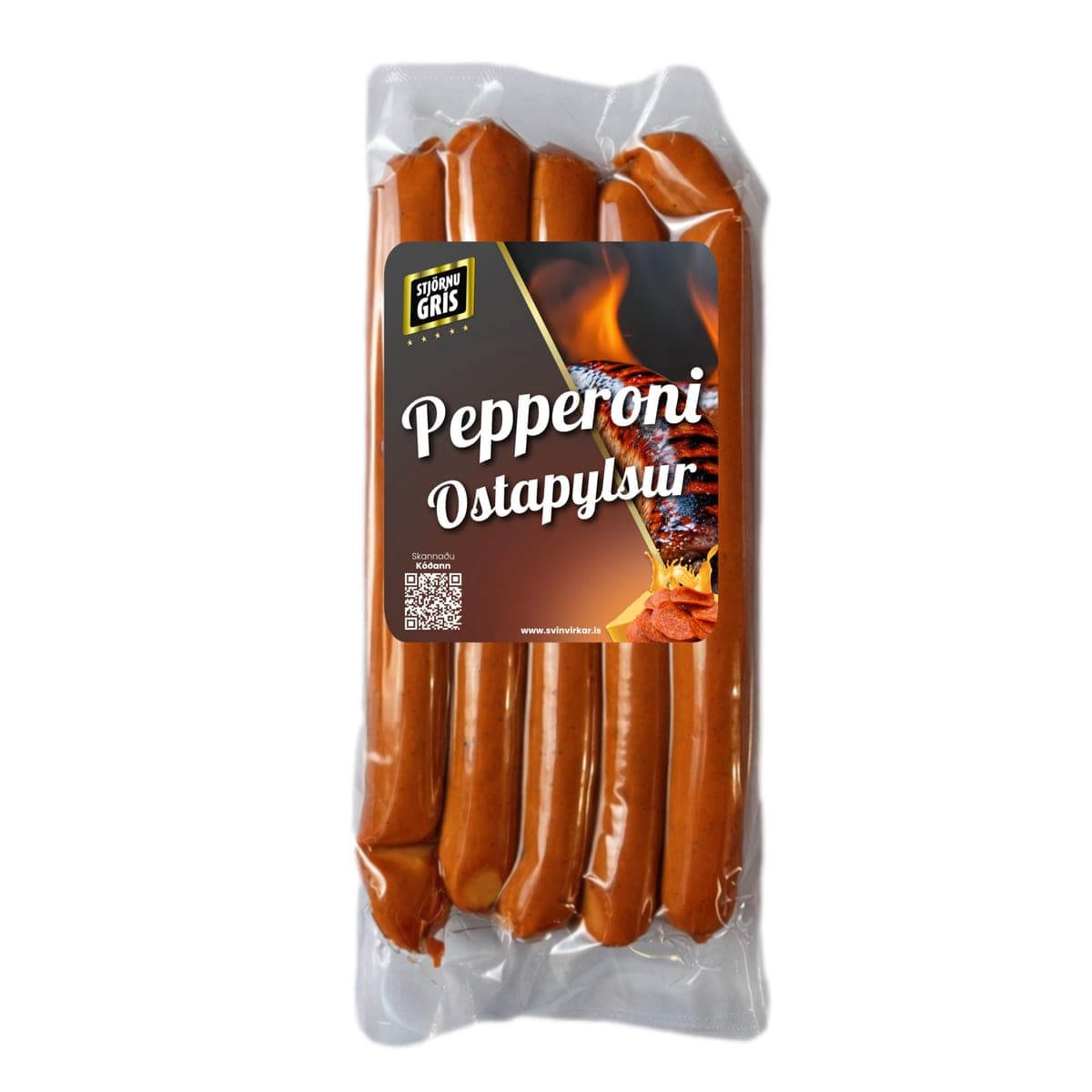 Pepperoni ostapylsur frá Stjörnugrís í loftþéttum poka með prentaðri framhlið.
