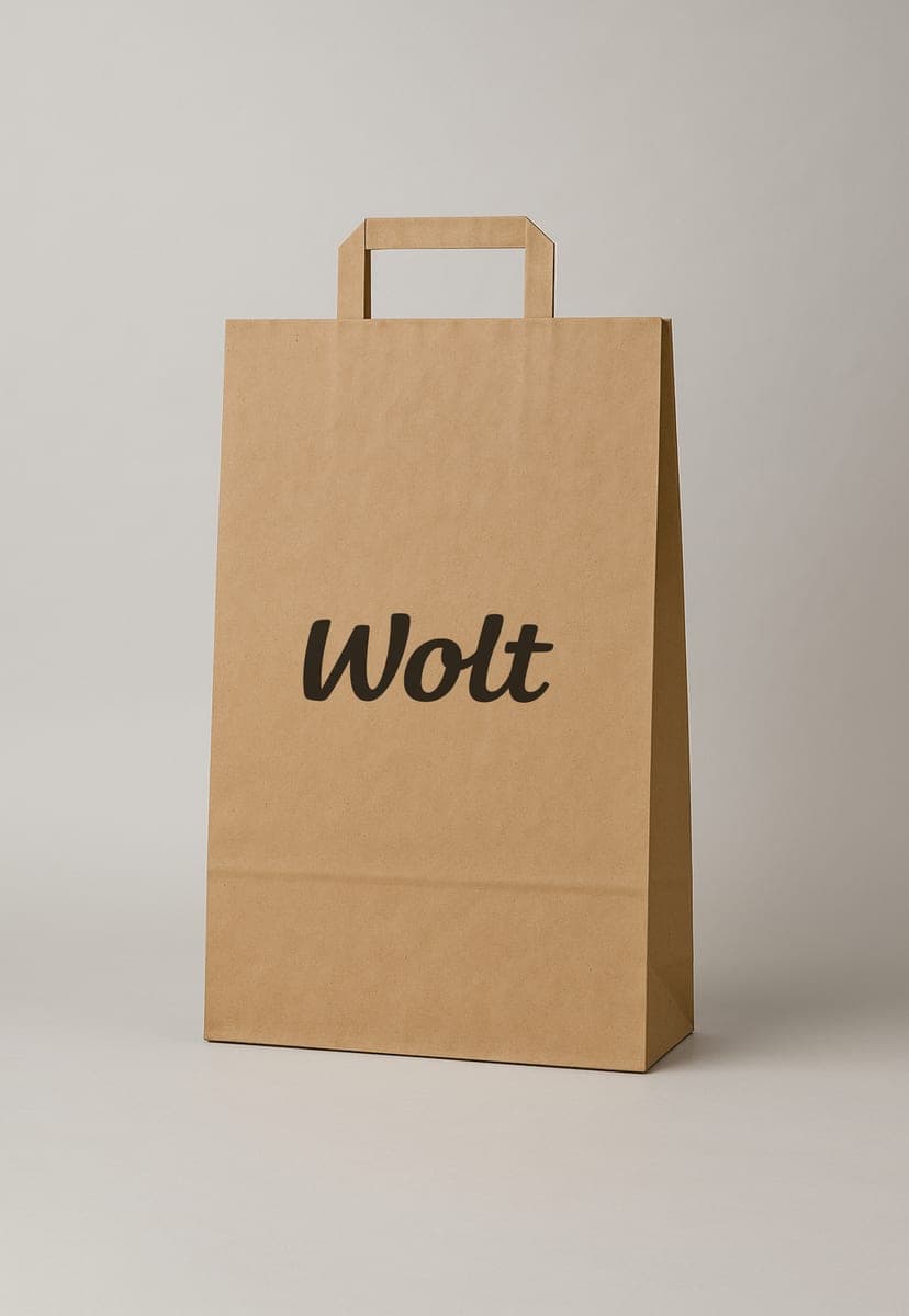 Brúnn bréfpoki fyrir Wolt með flötum höldum og einlita svartri áprentun.