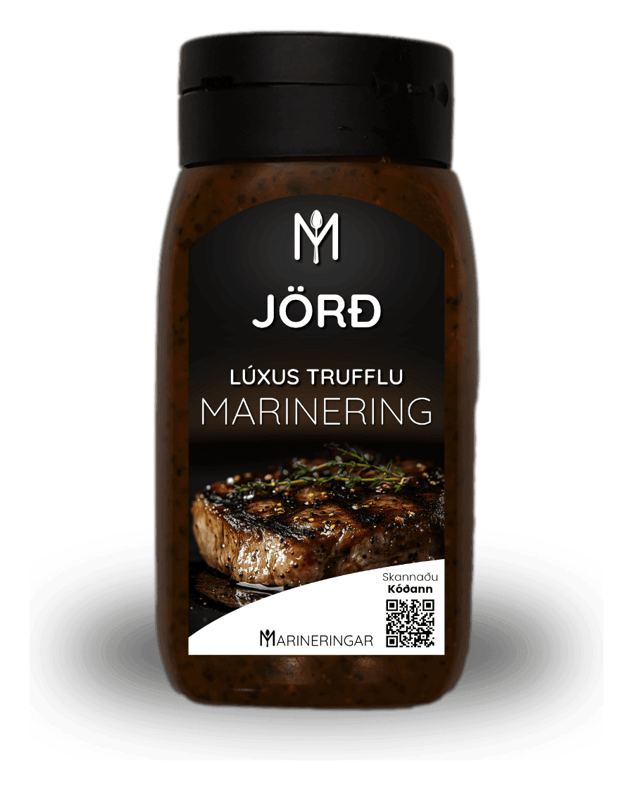 Sérprentaður límmiði á umbúðum Marineringar.is