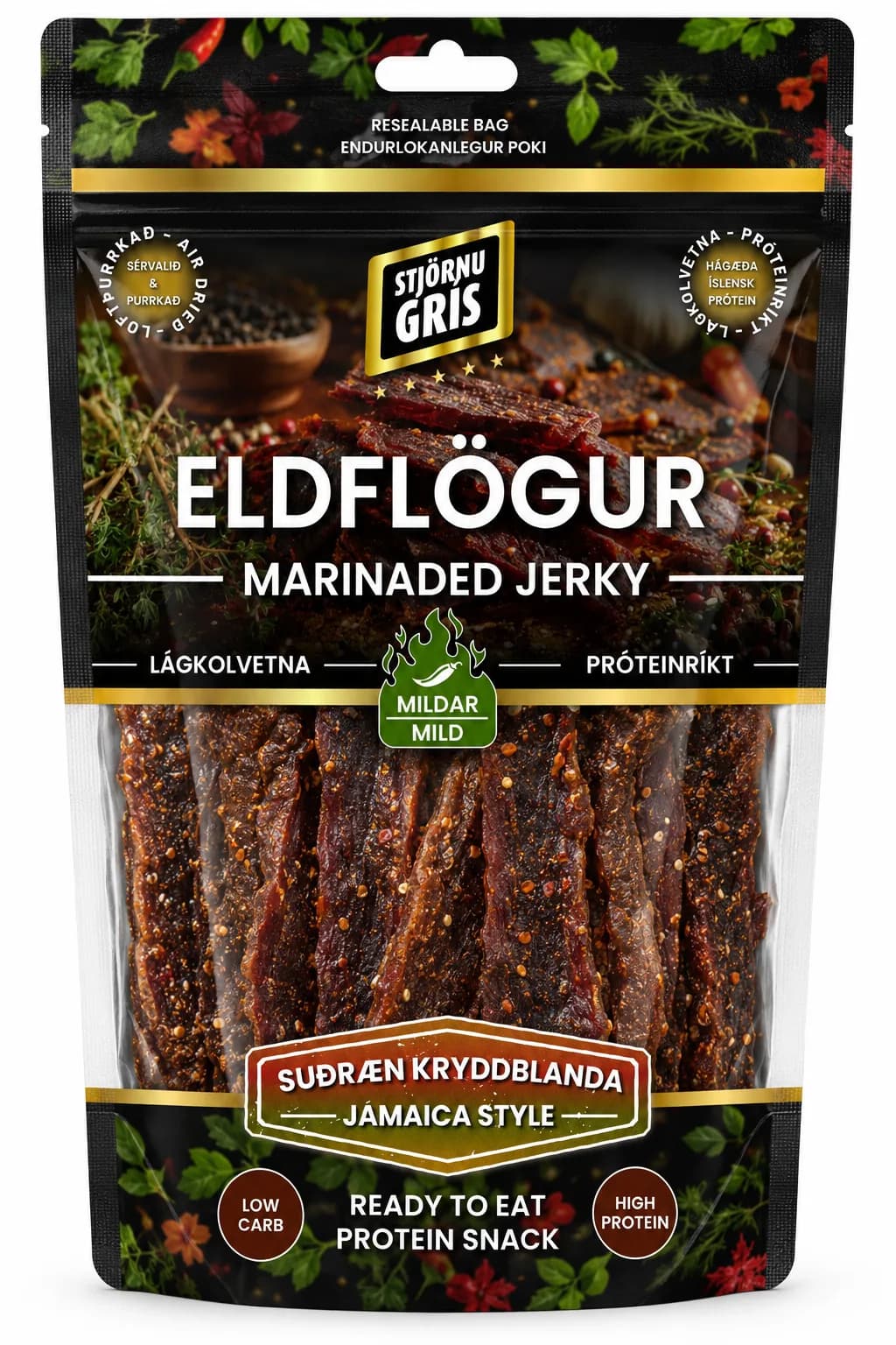 Sérmerktur zip lock poki með standi, euro hole og easy tear eiginleikum.